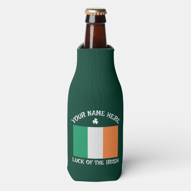 St Patrick's Day Ireland Flag Custom Name Shamrock Bottle Cooler (Bottle Front)