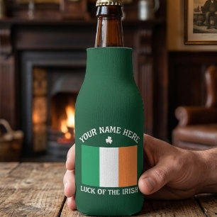 St Patrick's Day Ireland Flag Custom Name Shamrock Bottle Cooler