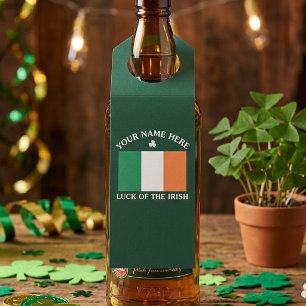 St Patrick's Day Ireland Flag Custom Name Shamrock Bottle Hanger Tag