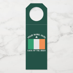 St Patrick's Day Ireland Flag Custom Name Shamrock Bottle Hanger Tag