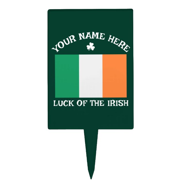 St Patrick's Day Ireland Flag Custom Name Shamrock Cake Topper (Front)