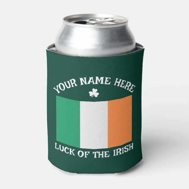 St Patrick's Day Ireland Flag Custom Name Shamrock Can Cooler (Can Front)
