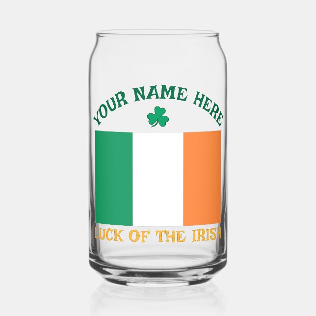St Patrick's Day Ireland Flag Custom Name Shamrock Can Glass (Front)