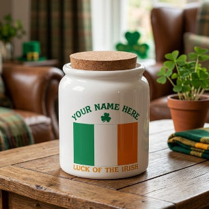 St Patrick's Day Ireland Flag Custom Name Shamrock Candy Jar