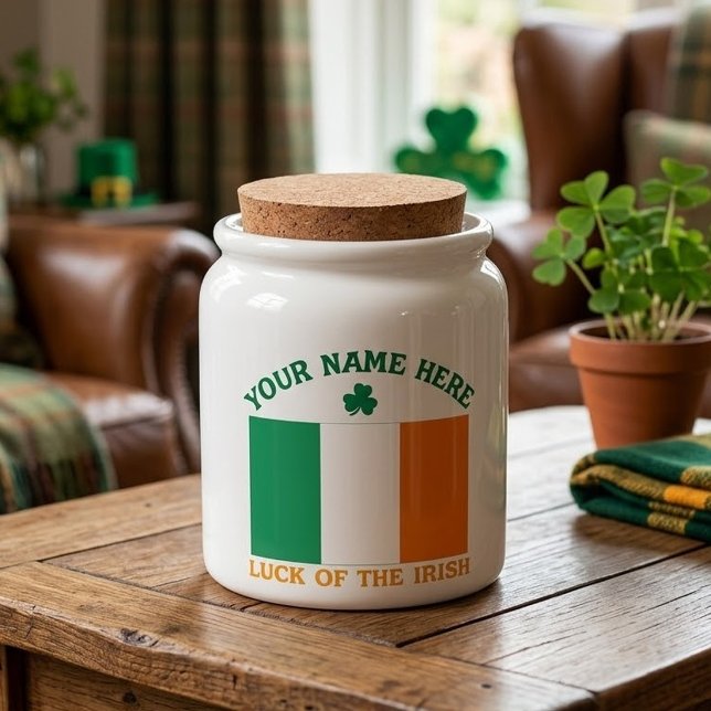 St Patrick's Day Ireland Flag Custom Name Shamrock Candy Jar (Creator Uploaded)