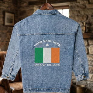 St Patrick's Day Ireland Flag Custom Name Shamrock Denim Jacket
