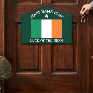 St Patrick's Day Ireland Flag Custom Name Shamrock Door Sign