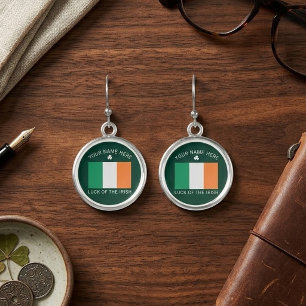 St Patrick's Day Ireland Flag Custom Name Shamrock Earrings