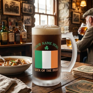 St Patrick's Day Ireland Flag Custom Name Shamrock Frosted Glass Beer Mug