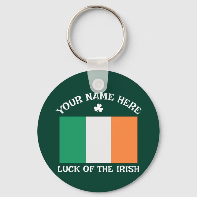 St Patrick's Day Ireland Flag Custom Name Shamrock Keychain (Front)