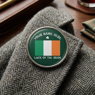 St Patrick's Day Ireland Flag Custom Name Shamrock Lapel Pin