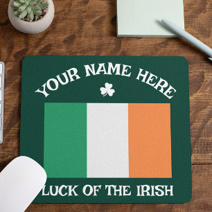 St Patrick's Day Ireland Flag Custom Name Shamrock Mouse Pad
