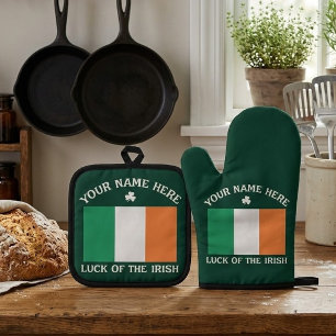 St Patrick's Day Ireland Flag Custom Name Shamrock Oven Mitt & Pot Holder Set