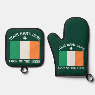St Patrick's Day Ireland Flag Custom Name Shamrock Oven Mitt & Pot Holder Set