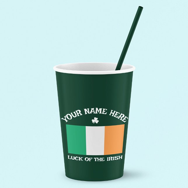 St Patrick's Day Ireland Flag Custom Name Shamrock Paper Cups (Creator Uploaded)