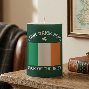 St Patrick's Day Ireland Flag Custom Name Shamrock Pillar Candle