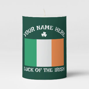 St Patrick's Day Ireland Flag Custom Name Shamrock Pillar Candle
