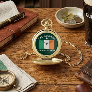 St Patrick's Day Ireland Flag Custom Name Shamrock Pocket Watch