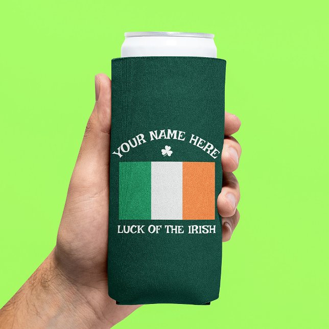 St Patrick's Day Ireland Flag Custom Name Shamrock Seltzer Can Cooler (Creator Uploaded)