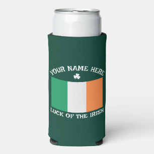 St Patrick's Day Ireland Flag Custom Name Shamrock Seltzer Can Cooler