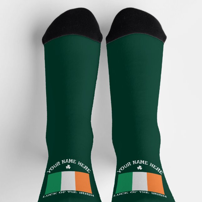 St Patrick's Day Ireland Flag Custom Name Shamrock Socks (Top)
