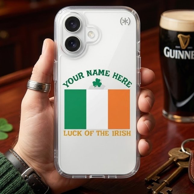 St Patrick's Day Ireland Flag Custom Name Shamrock Speck iPhone Case (Creator Uploaded)