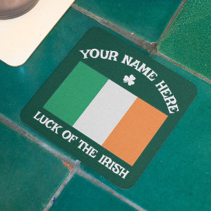 St Patrick's Day Ireland Flag Custom Name Shamrock Square Paper Coaster