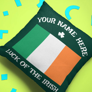 St Patrick's Day Ireland Flag Custom Name Shamrock Throw Pillow