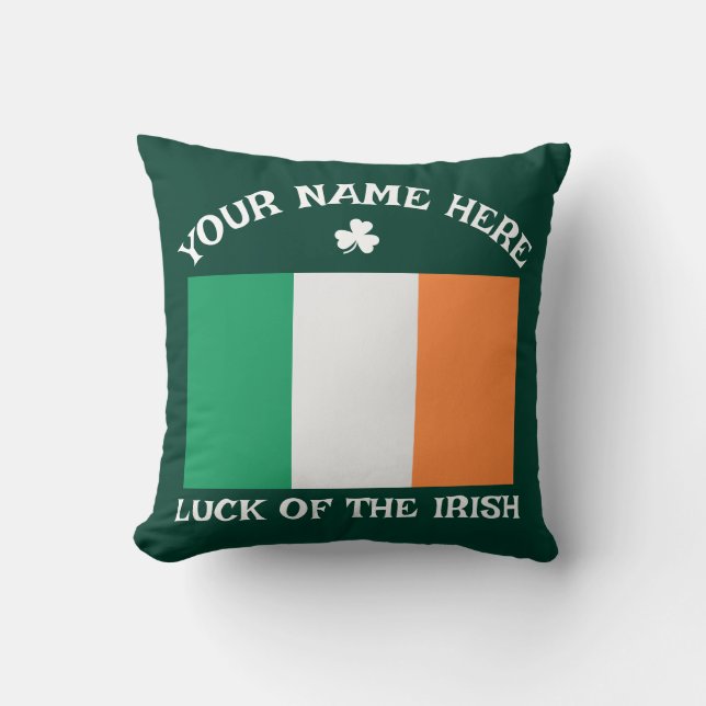 St Patrick's Day Ireland Flag Custom Name Shamrock Throw Pillow (Front)