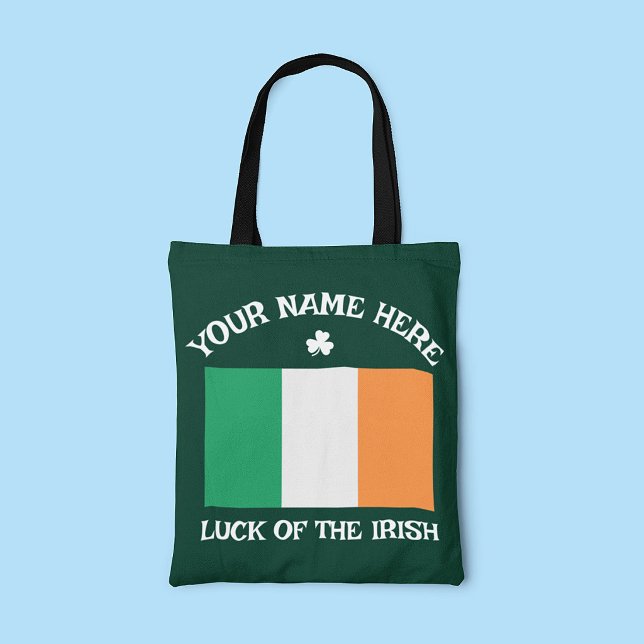St Patrick's Day Ireland Flag Custom Name Shamrock Tote Bag (Creator Uploaded)