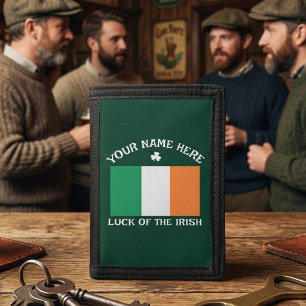 St Patrick's Day Ireland Flag Custom Name Shamrock Tri-fold Wallet