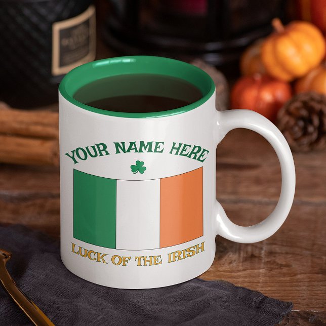 St Patrick's Day Ireland Flag Custom Name Shamrock Two-Tone Coffee Mug (Creator Uploaded)
