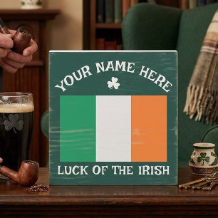 St Patrick's Day Ireland Flag Custom Name Shamrock Wooden Box Sign