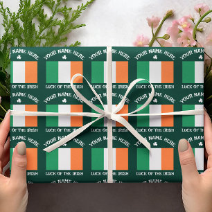 St Patrick's Day Ireland Flag Custom Name Shamrock Wrapping Paper
