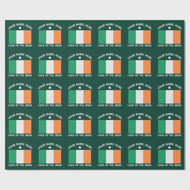 St Patrick's Day Ireland Flag Custom Name Shamrock Wrapping Paper (Flat)