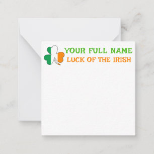 St Patrick's Day Ireland Flag Shamrock Custom Name Note Card