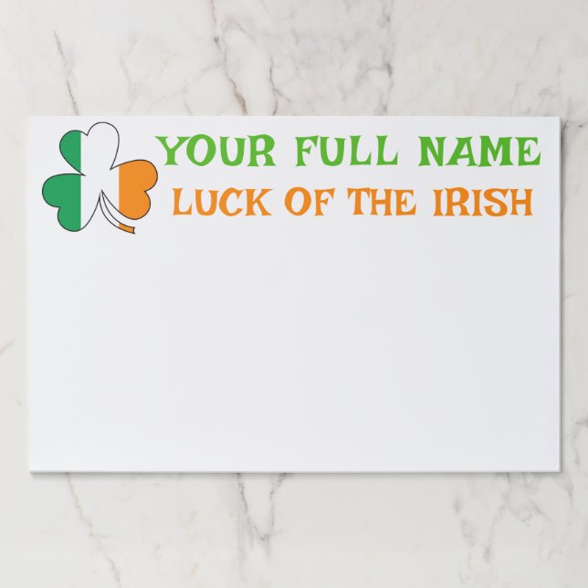 St Patrick's Day Ireland Flag Shamrock Custom Name Paper Pad (Front)