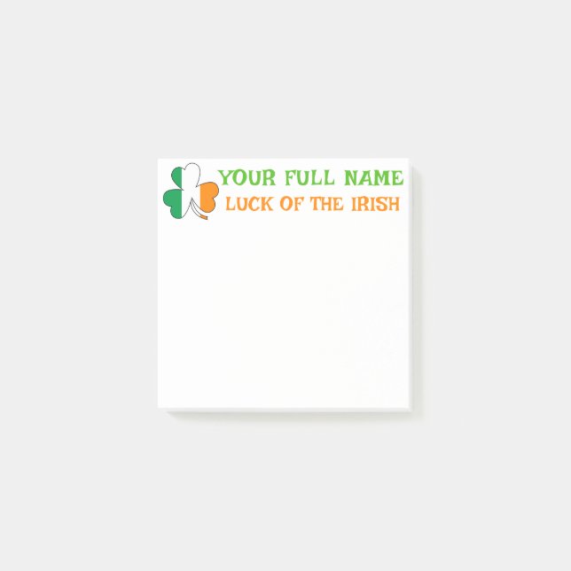 St Patrick's Day Ireland Flag Shamrock Custom Name Post-it Notes (Front)