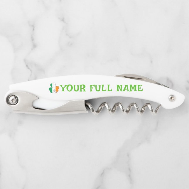 St Patrick's Day Ireland Flag Shamrock Custom Name Waiter's Corkscrew (Front)