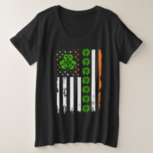 St Patrick's Day IRISH AMERICAN FLAG Shamrock Line Plus Size T-Shirt
