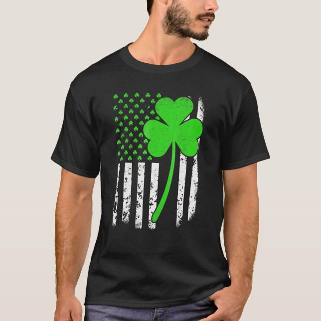 St Patrick's Day Irish American Flag Shamrock T-Shirt (Front)