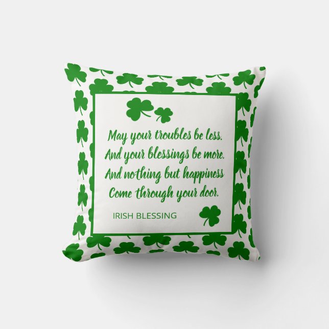 St. Patrick's Day Irish Blessing Green Shamrock Throw Pillow (Front)