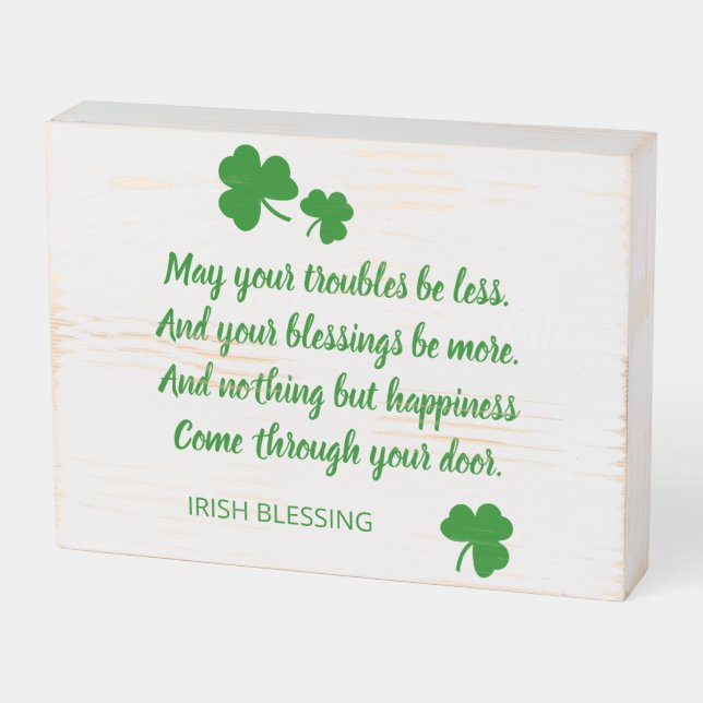 St. Patrick's Day Irish Blessing Green Shamrocks Wooden Box Sign (Angled Horizontal)