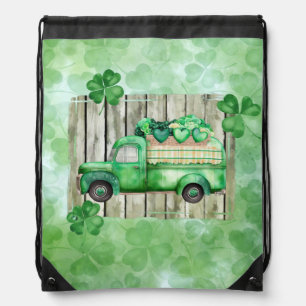 St. Patrick's Day Irish Clovers Vintage Truck Drawstring Bag