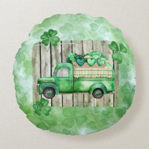 St. Patrick's Day Irish Clovers Vintage Truck Round Pillow