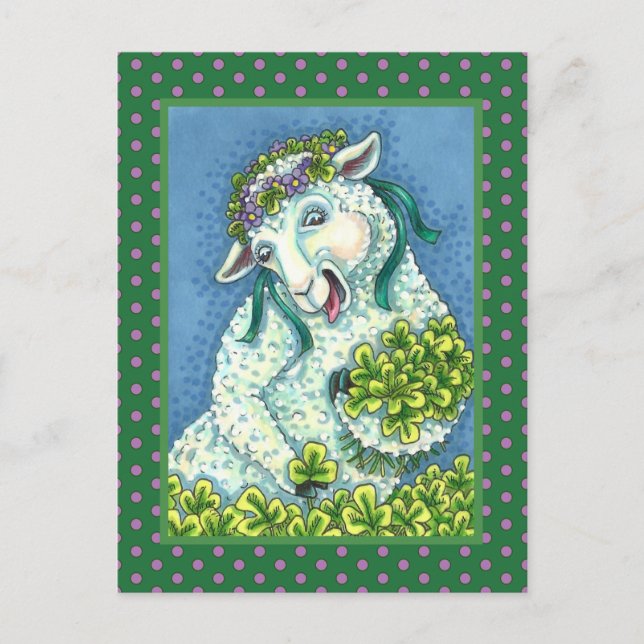 ST. PATRICK'S DAY IRISH EWE, SHEEP & SHAMROCKS POSTCARD (Front)