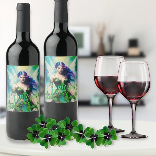 St Patricks Day Irish Fairy with Butterfly detail Wine Label
