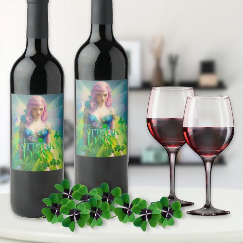 St Patricks Day Irish Fairy with Clover detail Wine Label