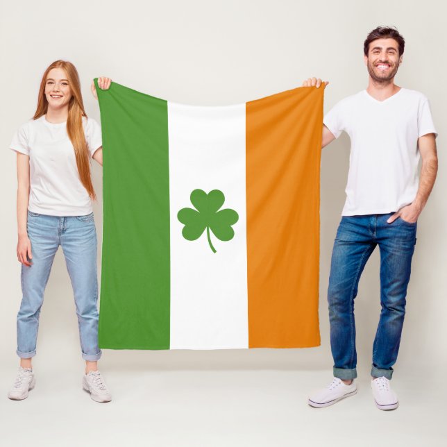 St Patrick's Day Irish Flag with Shamrock Clover Fleece Blanket (In Situ)