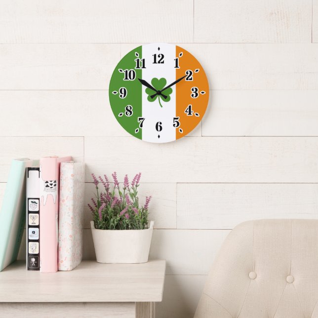 St Patrick's Day Irish Flag with Shamrock Clover Large Clock (Reading Room)
